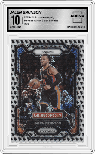 Jalen Brunson from the 2023-24 Panini Prizm Monopoly set featuring a  Monopoly Man Black & White  parallel graded by Arena Club and given an overall grade of 10.