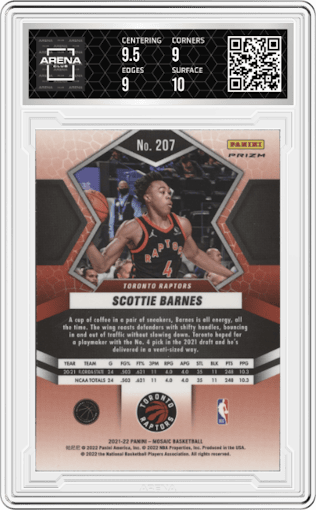 Scottie Barnes from the 2021-22 Panini Mosaic  set featuring a Gold Wave parallel graded by Arena Club and given an overall grade of 9.5.