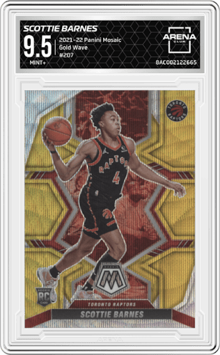 Scottie Barnes from the 2021-22 Panini Mosaic  set featuring a Gold Wave parallel graded by Arena Club and given an overall grade of 9.5.
