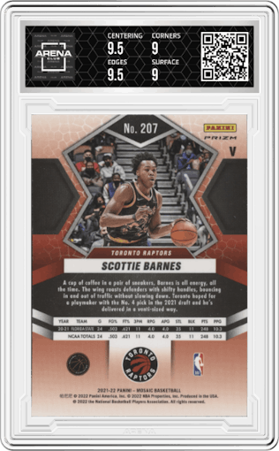 Scottie Barnes from the 2021-22 Panini Mosaic  set graded by Arena Club and given an overall grade of 9.5.