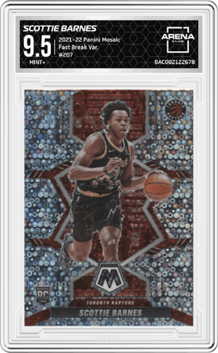 Scottie Barnes from the 2021-22 Panini Mosaic  set graded by Arena Club and given an overall grade of 9.5.