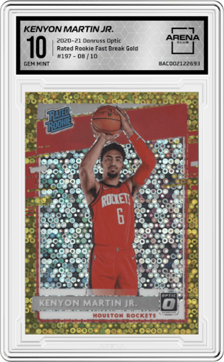 Kenyon Martin Jr. from the 2020-21 Panini Donruss Optic set featuring a Fast Break Gold parallel graded by Arena Club and given an overall grade of 10.