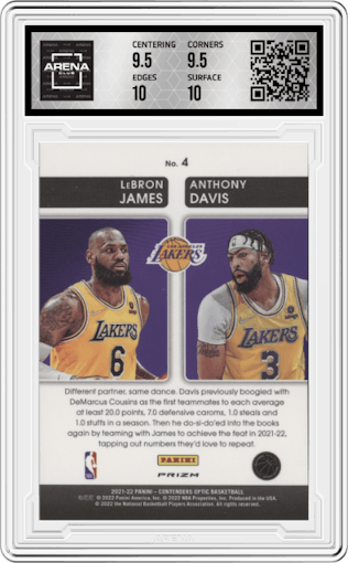 LeBron James/Anthony Davis from the 2021-22 Panini Contenders Optic set featuring a Red Cracked Ice parallel graded by Arena Club and given an overall grade of 10.