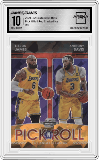 LeBron James/Anthony Davis from the 2021-22 Panini Contenders Optic set featuring a Red Cracked Ice parallel graded by Arena Club and given an overall grade of 10.
