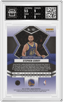 Stephen Curry from the 2021-22 Panini Mosaic  set featuring a Red Wave parallel graded by Arena Club and given an overall grade of 9.