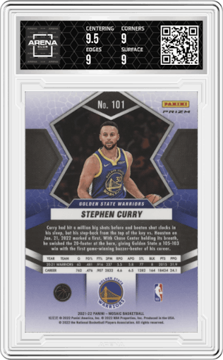 Stephen Curry from the 2021-22 Panini Mosaic  set featuring a Red Wave parallel graded by Arena Club and given an overall grade of 9.