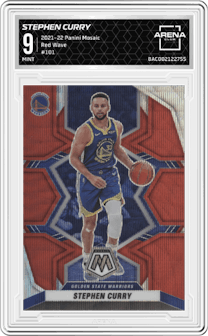 Stephen Curry from the 2021-22 Panini Mosaic  set featuring a Red Wave parallel graded by Arena Club and given an overall grade of 9.