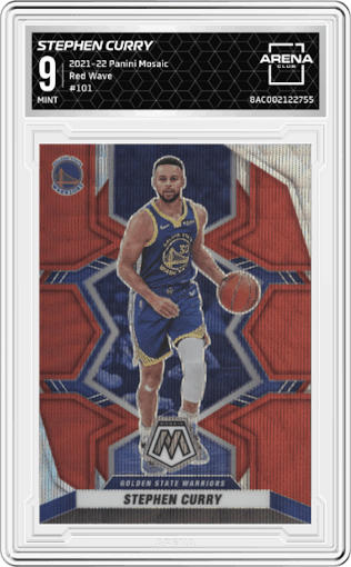Stephen Curry from the 2021-22 Panini Mosaic  set featuring a Red Wave parallel graded by Arena Club and given an overall grade of 9.