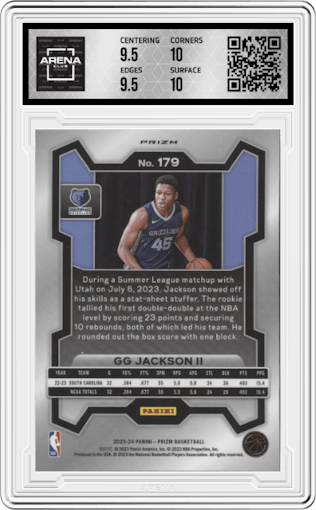 GG Jackson II from the 2023-24 Panini Prizm set featuring a Green Prizm parallel graded by Arena Club and given an overall grade of 10.