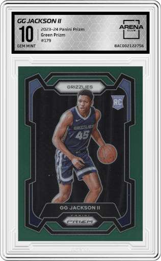 GG Jackson II from the 2023-24 Panini Prizm set featuring a Green Prizm parallel graded by Arena Club and given an overall grade of 10.