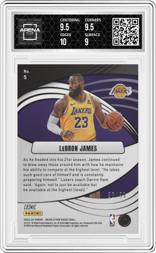 LeBron James from the 2023-24 Panini Revolution set featuring a Cosmic parallel graded by Arena Club and given an overall grade of 9.5.