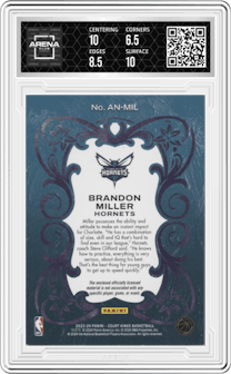 Brandon Miller from the 2023-24 Panini Court Kings set graded by Arena Club and given an overall grade of 7.