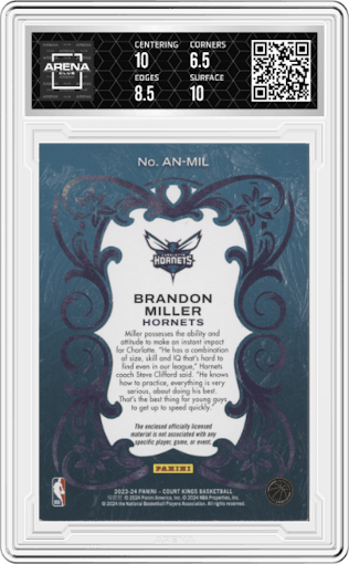 Brandon Miller from the 2023-24 Panini Court Kings set graded by Arena Club and given an overall grade of 7.