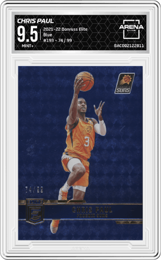 Chris Paul from the 2021-22 Panini Donruss Elite  set featuring a Blue parallel graded by Arena Club and given an overall grade of 9.5.