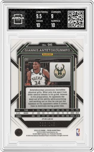 Giannis Antetokounmpo from the 2022-23 Panini Prizm  set featuring a Purple Ice parallel graded by Arena Club and given an overall grade of 9.5.