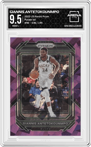 Giannis Antetokounmpo from the 2022-23 Panini Prizm  set featuring a Purple Ice parallel graded by Arena Club and given an overall grade of 9.5.