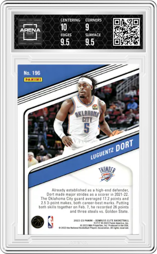 Luguentz Dort from the 2022-23 Donruss Elite set featuring a Asia Lucky Envelopes parallel graded by Arena Club and given an overall grade of 9.5.