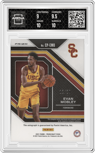 Evan Mobley from the 2021-22 Panini Prizm Draft Picks set featuring a Purple Ice Prizm parallel graded by Arena Club and given an overall grade of 9.5.