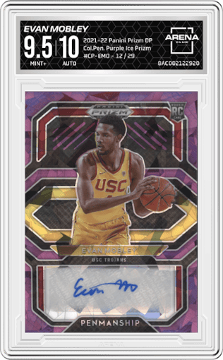 Evan Mobley from the 2021-22 Panini Prizm Draft Picks set featuring a Purple Ice Prizm parallel graded by Arena Club and given an overall grade of 9.5.