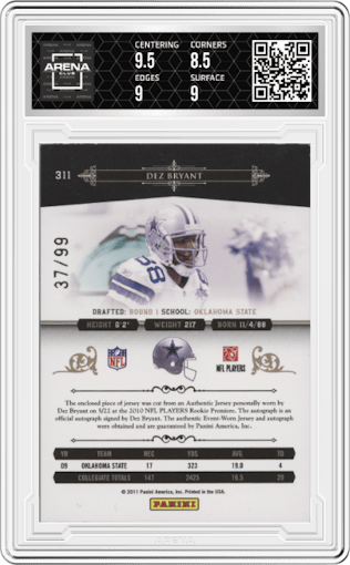 Dez Bryant  from the 2010 Playoff National Treasures set graded by Arena Club and given an overall grade of 9.