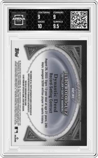 Julio Rodriguez from the 2023 Topps Dynasty set featuring a Silver parallel graded by Arena Club and given an overall grade of 9.5.