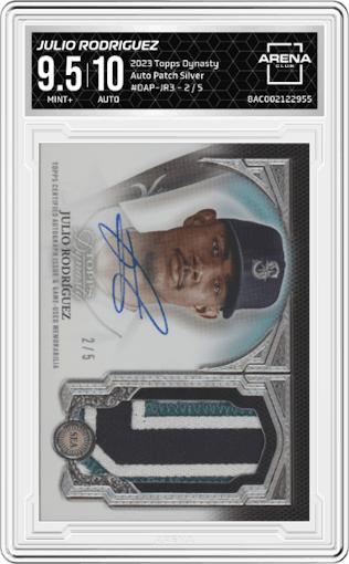 Julio Rodriguez from the 2023 Topps Dynasty set featuring a Silver parallel graded by Arena Club and given an overall grade of 9.5.