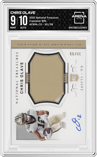 Chris Olave from the 2022 Panini National Treasures set graded by Arena Club and given an overall grade of 9.