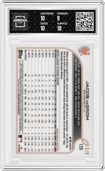 Jacob deGrom from the 2022 Topps Chrome Ben Baller set featuring a Red Refractor parallel graded by Arena Club and given an overall grade of 9.5.