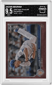 Jacob deGrom from the 2022 Topps Chrome Ben Baller set featuring a Red Refractor parallel graded by Arena Club and given an overall grade of 9.5.