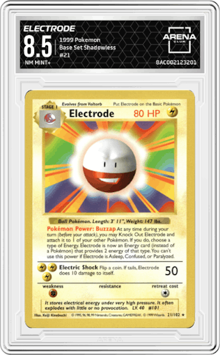 Electrode from the 1999 Pokemon set graded by Arena Club and given an overall grade of 8.5.