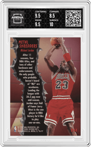 Michael Jordan from the 1996-97 Fleer Metal  set graded by Arena Club and given an overall grade of 9.