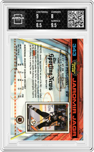 Jaromir Jagr from the 1991-92 Stadium Club set graded by Arena Club and given an overall grade of 8.5.