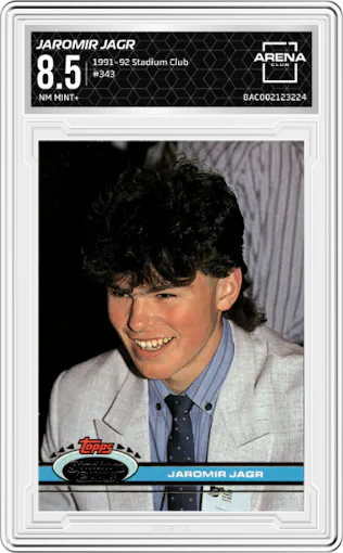 Jaromir Jagr from the 1991-92 Stadium Club set graded by Arena Club and given an overall grade of 8.5.