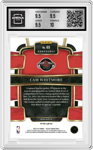 Cam Whitmore from the 2023-24 Panini Select  set featuring a Orange Flash parallel graded by Arena Club and given an overall grade of 10.