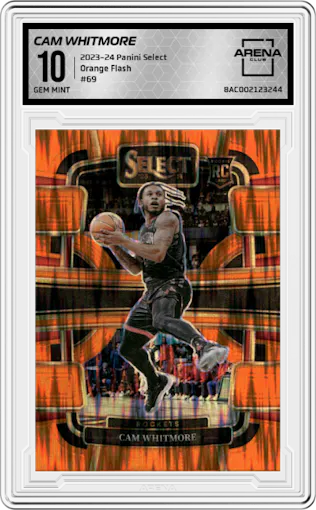 Cam Whitmore from the 2023-24 Panini Select  set featuring a Orange Flash parallel graded by Arena Club and given an overall grade of 10.