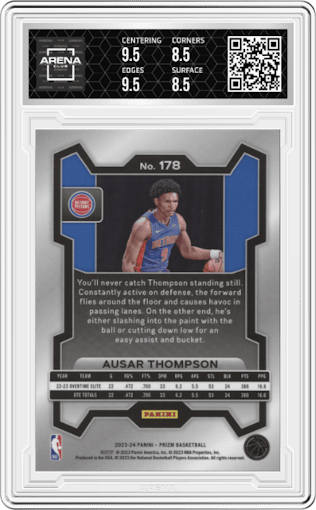 Ausar Thompson from the 2023-24 Panini Prizm set graded by Arena Club and given an overall grade of 9.