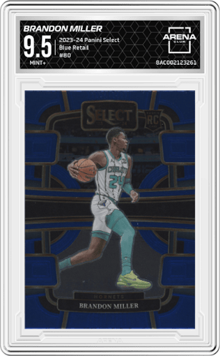 Brandon Miller from the 2023-24 Panini Select  set featuring a Blue Retail parallel graded by Arena Club and given an overall grade of 9.5.