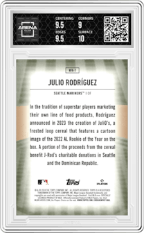 Julio Rodriguez from the 2024 Topps  set graded by Arena Club and given an overall grade of 9.5.
