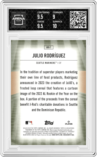 Julio Rodriguez from the 2024 Topps  set graded by Arena Club and given an overall grade of 9.5.