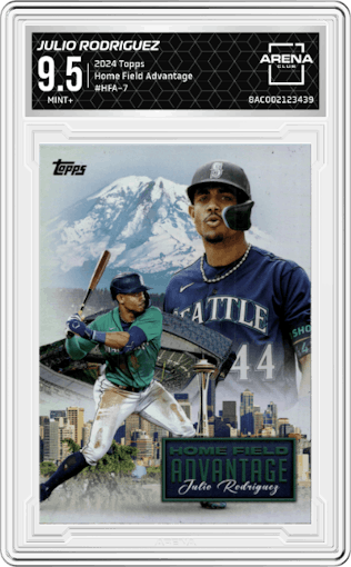 Julio Rodriguez from the 2024 Topps  set graded by Arena Club and given an overall grade of 9.5.