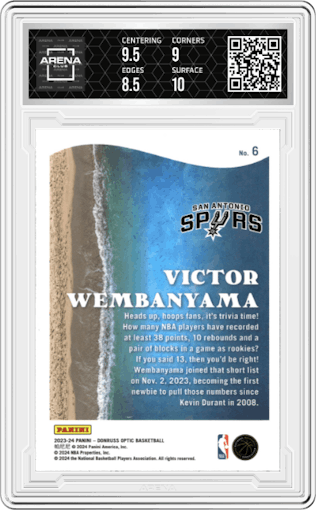 Victor Wembanyama from the 2023-24 Donruss Optic set graded by Arena Club and given an overall grade of 9.