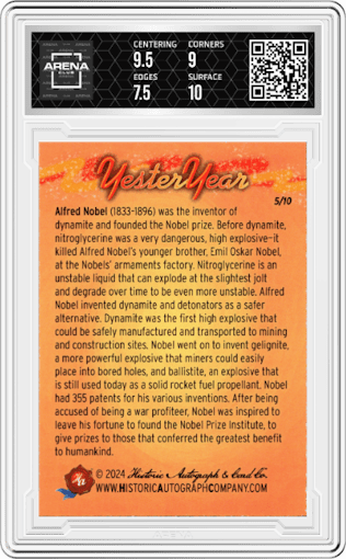 Alfred Nobel from the 2024 Historic Autograph YesterYear set featuring a Green Tint parallel graded by Arena Club and given an overall grade of 8.