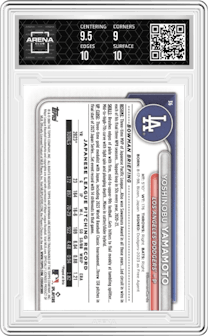 Yoshinobu Yamamoto from the 2024 Bowman set graded by Arena Club and given an overall grade of 9.5.