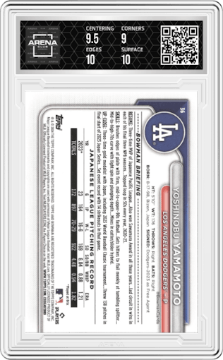 Yoshinobu Yamamoto from the 2024 Bowman set graded by Arena Club and given an overall grade of 9.5.