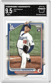 Yoshinobu Yamamoto from the 2024 Bowman set graded by Arena Club and given an overall grade of 9.5.
