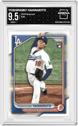 Yoshinobu Yamamoto from the 2024 Bowman set graded by Arena Club and given an overall grade of 9.5.