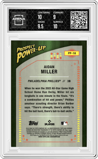 Aidan Miller from the 2024 Bowman set graded by Arena Club and given an overall grade of 9.5.