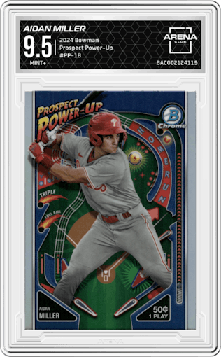 Aidan Miller from the 2024 Bowman set graded by Arena Club and given an overall grade of 9.5.