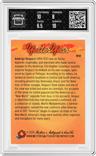 Amerigo Vespucci from the 2024 Historic Autograph YesterYear set graded by Arena Club and given an overall grade of 7.