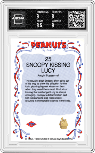 Snoopy Kissing Lucy from the 1991 Tuff Stuff Peanuts Preview set graded by Arena Club and given an overall grade of 8.5.